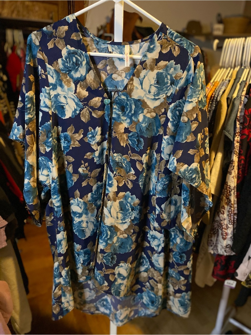 My Story Navy Floral Kimono with Teal and Cream Blooms w/ heart button closure